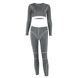 2019 New Autumn Women's Long Sleeved T-shirt Trousers Line Yoga Sports Suit 2pcs Ladies Winter Sportwear Gray