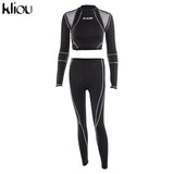 Kliou women fitness sporting two pieces set letter print turtleneck top leggings striped patchwork 2019 fashion 2 pcs tracksuits