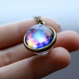 Nebula Galaxy Double Sided Pendant Necklace Glass Art Picture Handmade Statement Universe Planet Jewelry Necklace